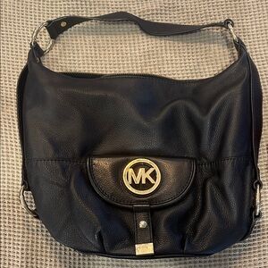 Michael Kors Black Leather Shoulder Bag with Gold Accents